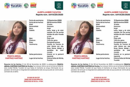 Emiten Alerta Amber para localizar a Franya Abigail, menor de 14 años extraviada en Mérida