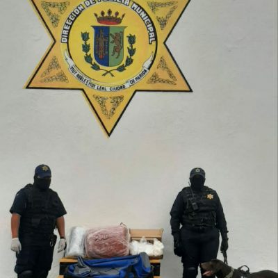 Agentes pertenecientes a la Unidad Canina de la Policía Municipal de Mérida detectan maletín con droga en terminal de autobuses