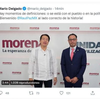 El Senador Raul Paz se suma a MORENA, según anunció el presidente del partido guinda, Mario Delgado.