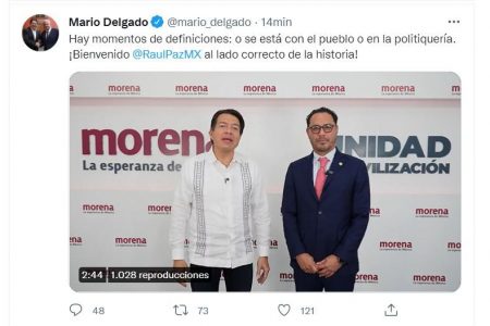 El Senador Raul Paz se suma a MORENA, según anunció el presidente del partido guinda, Mario Delgado.
