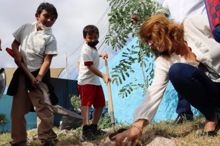 Ayuntamiento de Progreso y alumnos de la primaria “Ismael García” siembran vida al plantar 30 arbolitos